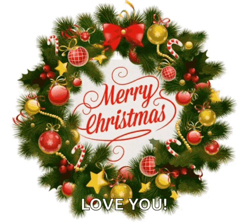 A Christmas Wreath With The Words Merry Christmas Love You Written On It GIF