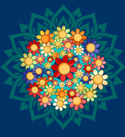 A Circle Of Colorful Flowers On A Dark Blue Background GIF
