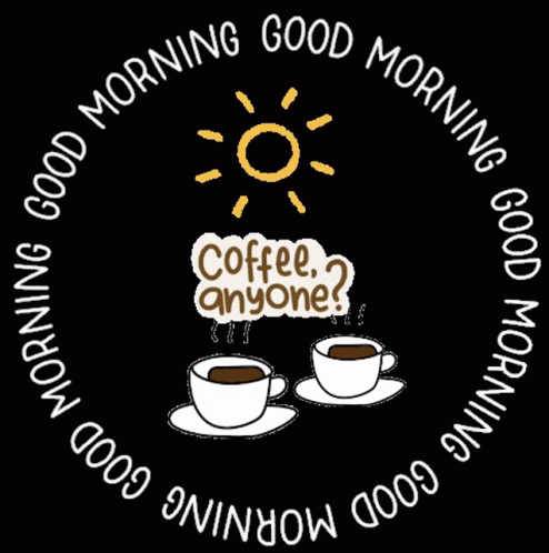 A Circle With Two Cups Of Coffee And The Words " Coffee Anyone " GIF