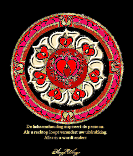 A Circular Design With A Heart In The Center And The Words De Lichaamshouding Inspireert De Persoon GIF