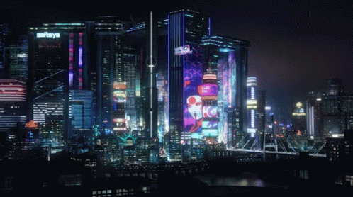 A City At Night With A Sign That Says Sofrays GIF