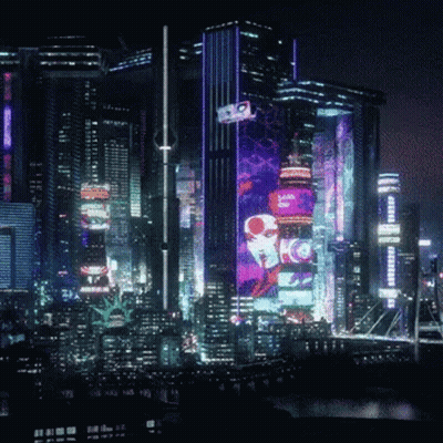 A City Skyline At Night With A Bottle Of Vodka On One Of The Tall Buildings GIF