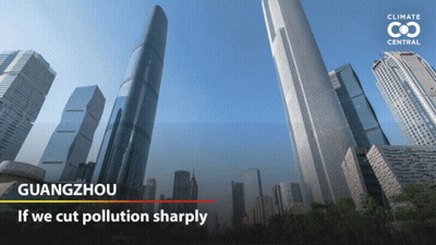 A City Skyline With The Words " If We Cut Pollution Sharply " At The Bottom GIF