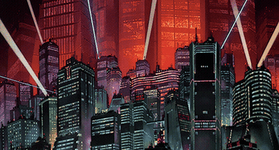 a cityscape with a lot of buildings and a few lights coming out of them