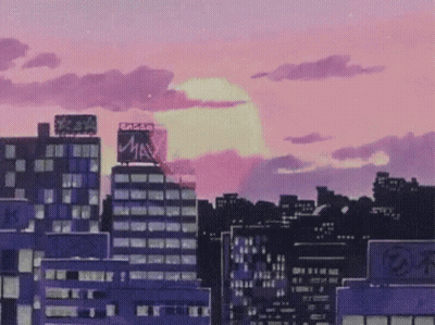 A Cityscape With A Purple Sky And A Full Moon In The Background GIF