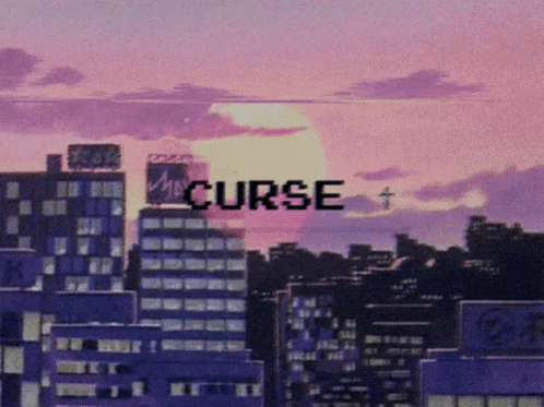 A Cityscape With The Words Curse Written In Purple GIF