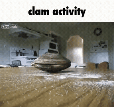 A Clam Is Sitting On Top Of A Wooden Table With The Words Clam Activity Above It GIF