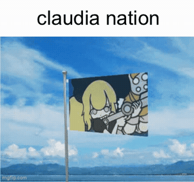 A Claudia Nation Flag With A Picture Of A Girl Holding A Sword GIF
