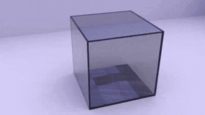 A Clear Cube With A Black Frame Is Sitting On A White Surface GIF