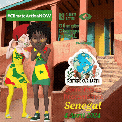 A Climate Action Now Poster With Two Girls And A Sticker That Says Restore Our Earth GIF