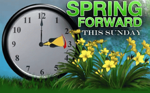 A Clock And Flowers With The Words Spring Forward This Sunday GIF