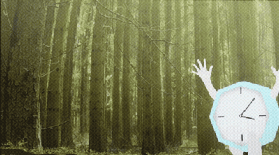 A Clock In The Middle Of A Forest With The Hands On The Numbers 7 And 6 GIF