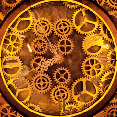 A Clock With Roman Numerals And Gears On It Shows The Time As 4:20 GIF