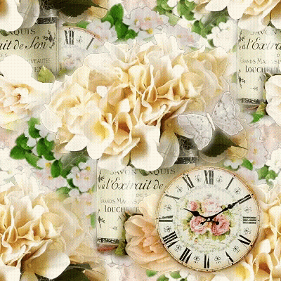 A Clock With Roman Numerals Is Surrounded By Flowers And A Bottle That Says " Savon Aquis " GIF