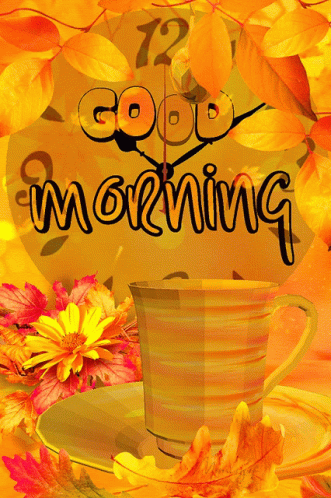 A Clock With The Words Good Morning On It And A Cup Of Coffee GIF