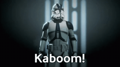 A Clone Trooper From Star Wars Is Standing In Front Of A Wall With The Words Kaboom Written On It . GIF