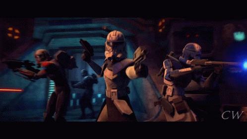A Clone Trooper Is Holding A Lightsaber And A Gun In His Hands GIF
