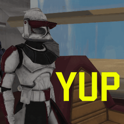 A Clone Trooper Stands In Front Of A Yellow Yup Sign GIF