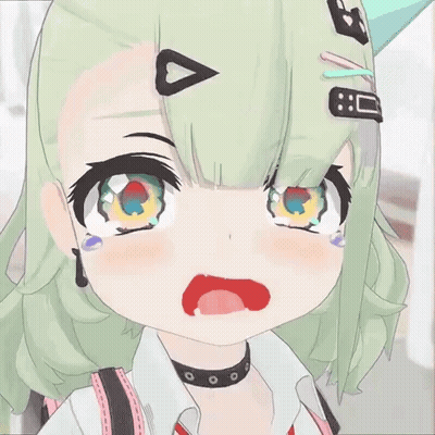 A Close Up Of A 3D Anime Girl With Green Hair And A Choker . GIF
