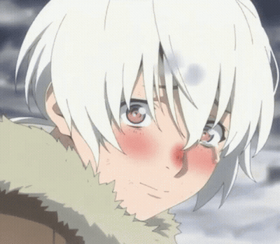A Close Up Of A Anime Character With White Hair And Red Eyes GIF