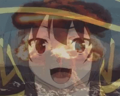 A Close Up Of A Anime Girl 'S Face With A Yellow Ribbon Behind Her . GIF
