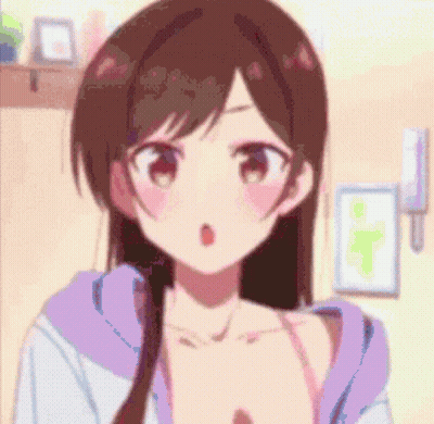 A Close Up Of A Anime Girl Wearing A Purple Hoodie And A Bra . GIF