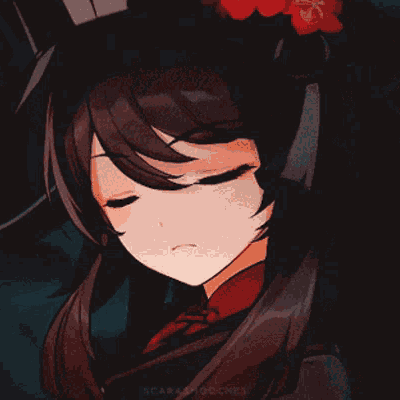 A Close Up Of A Anime Girl With Red Eyes Wearing A Hat GIF