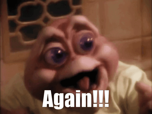 A Close Up Of A Baby With The Words Again Written On The Bottom GIF