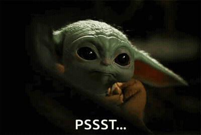A Close Up Of A Baby Yoda With The Words Pssst Written On The Bottom Of It . GIF