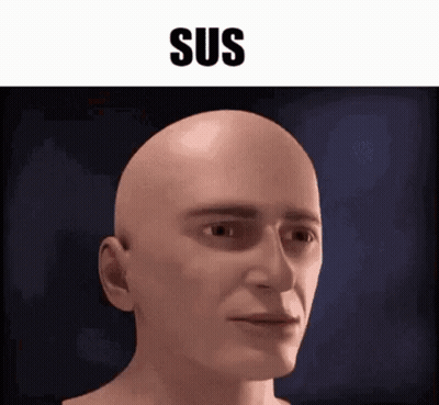 A Close Up Of A Bald Man 'S Face With The Word Sus Written Above Him . GIF