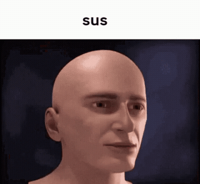 A Close Up Of A Bald Man 'S Face With The Words `` Sus '' Written Above It . GIF