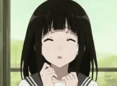 A Close Up Of A Black Haired Anime Girl With Her Eyes Closed And A Surprised Look On Her Face . GIF