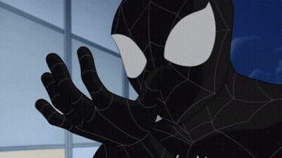 A Close Up Of A Black Spider Man 'S Face And Hands GIF