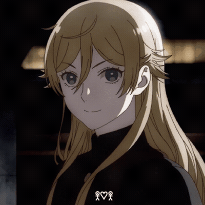 A Close Up Of A Blonde Anime Girl With A Heart And X On Her Shirt GIF