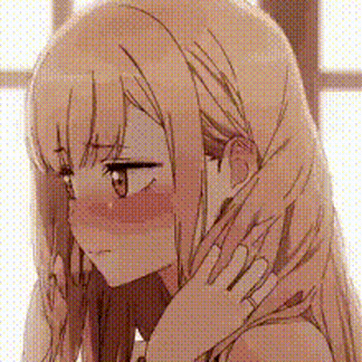 A Close Up Of A Blonde Anime Girl With Long Hair And A Ring On Her Finger . GIF
