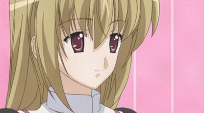 A Close Up Of A Blonde Anime Girl With Red Eyes On A Pink Background GIF