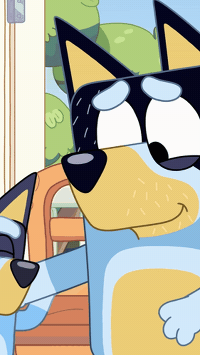 A Close Up Of A Blue And Yellow Cartoon Dog 'S Face GIF
