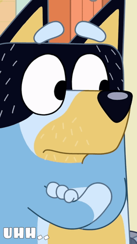 A Close Up Of A Blue And Yellow Cartoon Dog With The Word Uhh Below It GIF