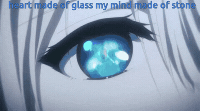 A Close Up Of A Blue Eye With The Words Heart Made Of Glass My Mind Made Of Stone Below It GIF