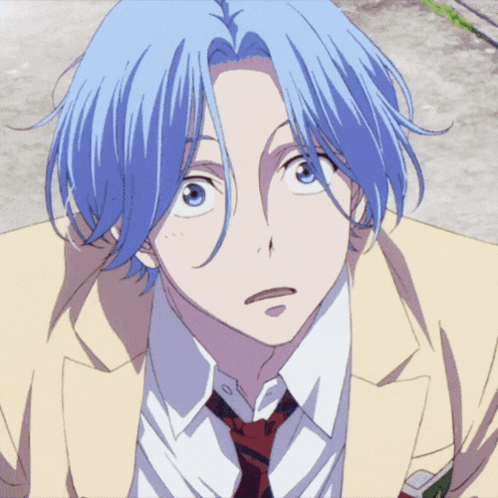 A Close Up Of A Blue Haired Anime Character Wearing A Suit And Tie GIF