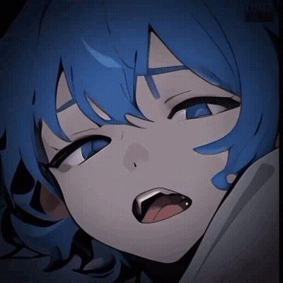 A Close Up Of A Blue Haired Anime Character With A Tongue Sticking Out GIF