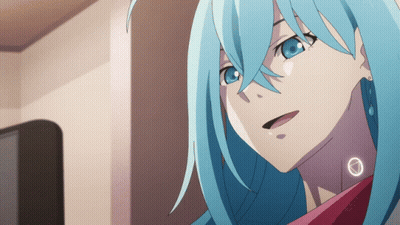 A Close Up Of A Blue Haired Anime Girl With A Circle Around Her Neck GIF