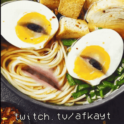 A Close Up Of A Bowl Of Noodles And Eggs With The Words Twitch Tu Afkayt Below GIF