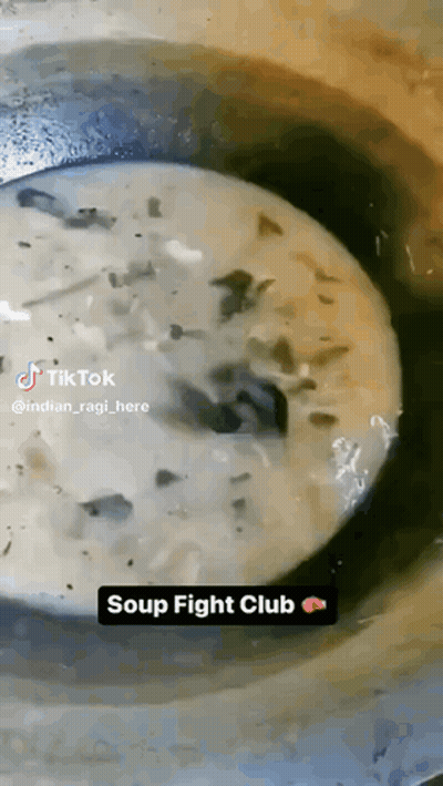 A Close Up Of A Bowl Of Soup That Says Soup Fight Club On It GIF