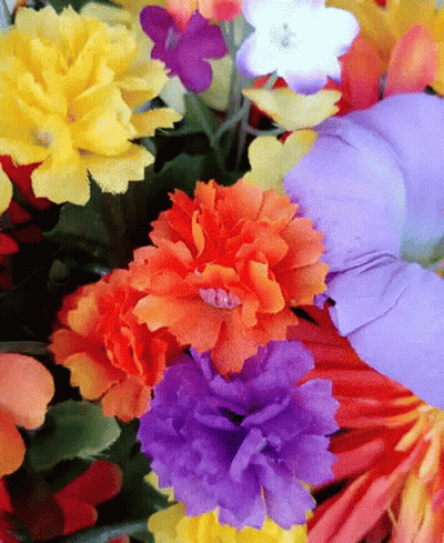 A Close Up Of A Bunch Of Colorful Flowers Including Orange Yellow And Purple GIF