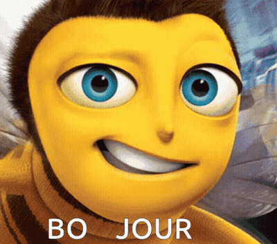 A Close Up Of A Cartoon Bee With The Words Bo Jour Written Below It GIF