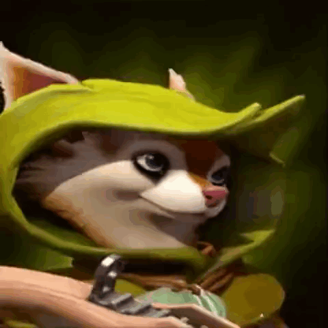 A Close Up Of A Cartoon Cat Wearing A Green Hood And Hat . GIF