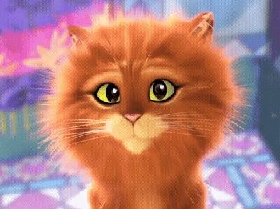 A Close Up Of A Cartoon Cat With Big Yellow Eyes GIF