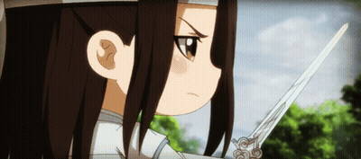 A Close Up Of A Cartoon Character Holding A Sword With Trees In The Background GIF