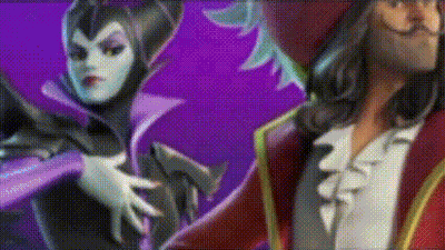 A Close Up Of A Cartoon Character , Maleficent And Hook , Standing Next To Each Other On A Purple Background . GIF
